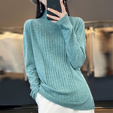 半高领100%纯羊毛衫女春秋新款抽条针织长袖毛衣宽松羊绒衫打底衫，女装羊绒衫，朝思羊绒