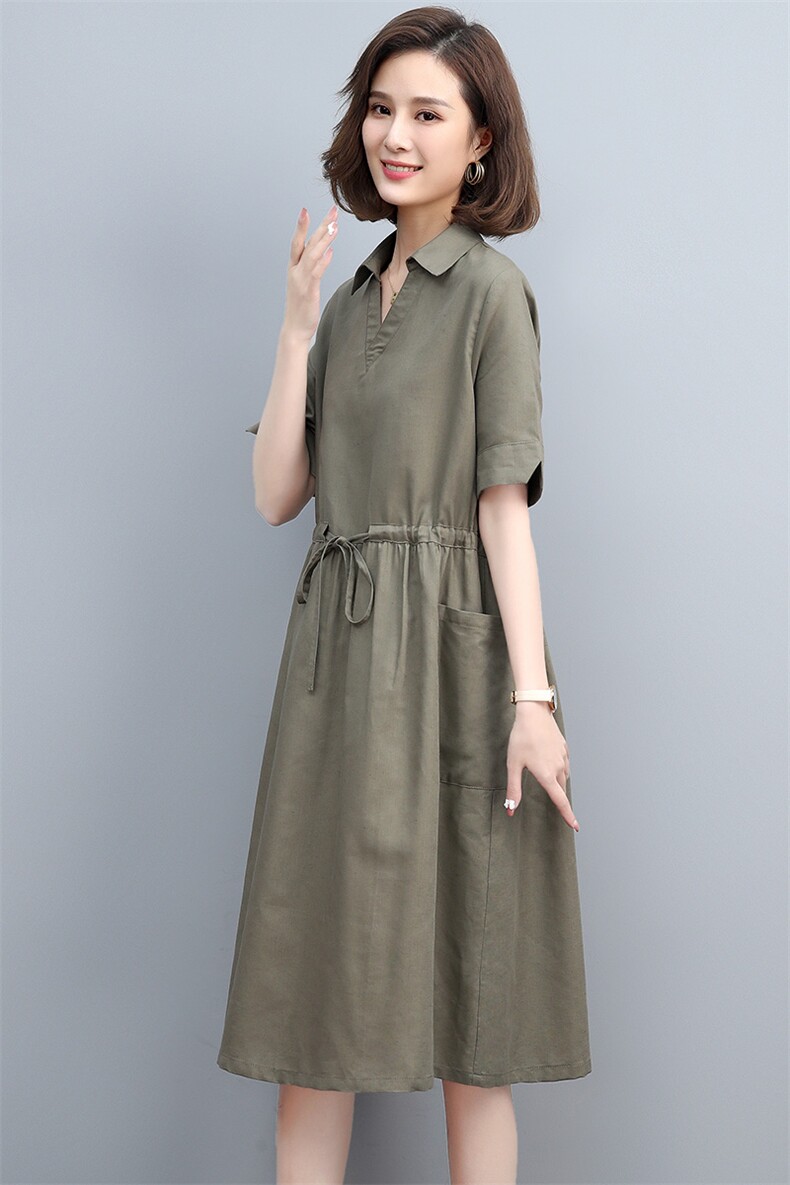 夏季棉麻中长连衣裙V领宽松显瘦系带真口袋咖啡中年妈妈大码裙子,女装连衣裙,丽影随形