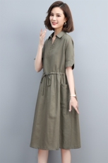 夏季棉麻中长连衣裙V领宽松显瘦系带真口袋咖啡中年妈妈大码裙子，女装连衣裙，丽影随形