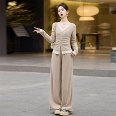 时尚修身显瘦假两件套装女2024春装长袖T恤+高腰阔腿长裤两件套，女装套装/套裙，江南女神
