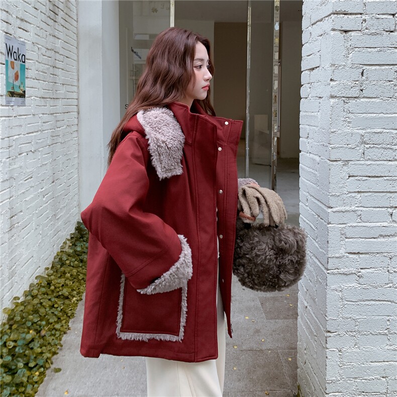 新款圣诞红羊羔毛拼接棉服2D014-10042-P195-K298,女装棉衣/棉服,2D014