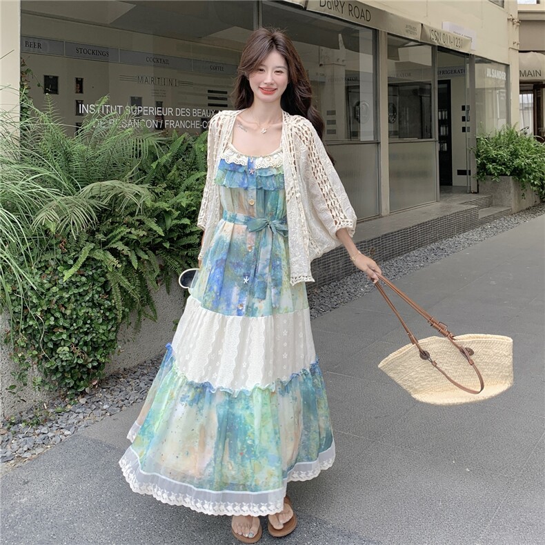 【夏日】度假风吊带碎花长款连衣裙+防晒开衫A236-P185-k275,女装套装/套裙,2D148