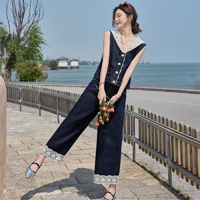 蕾丝拼接牛仔马甲直筒阔腿裤套装两件套女夏季盐系甜美减龄设计感,商品下架区,时尚风爆