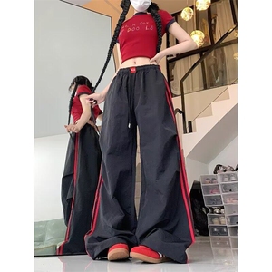 美式凉感速干防晒工装裤男女夏季潮hiphop条纹撞色休闲情侣伞兵裤图片