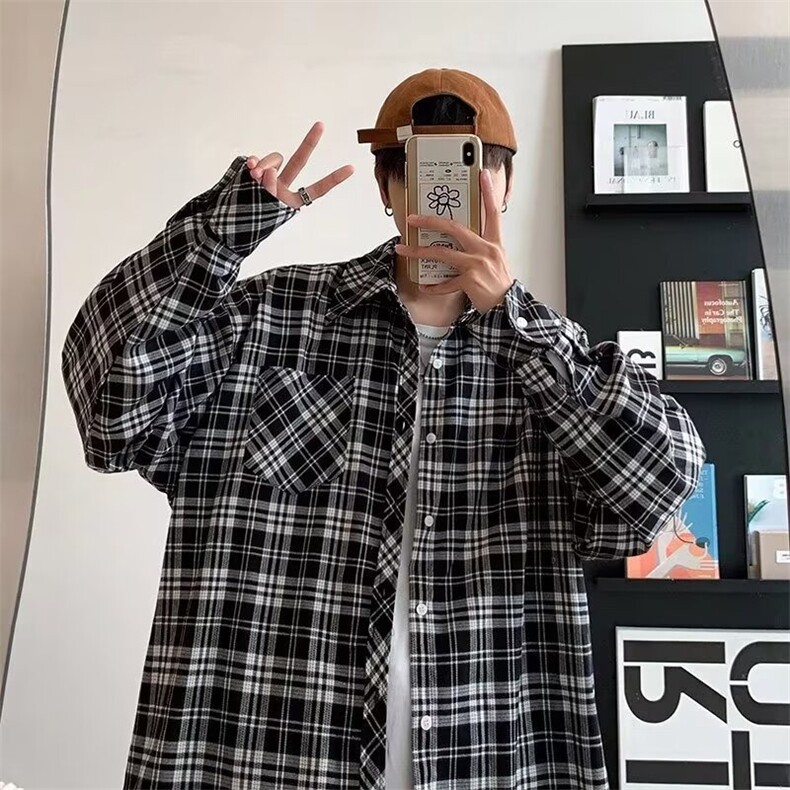 C27-P39经典百搭款复古黑白格子衬衫男宽松衬衣外套,男装衬衫,电商B323A