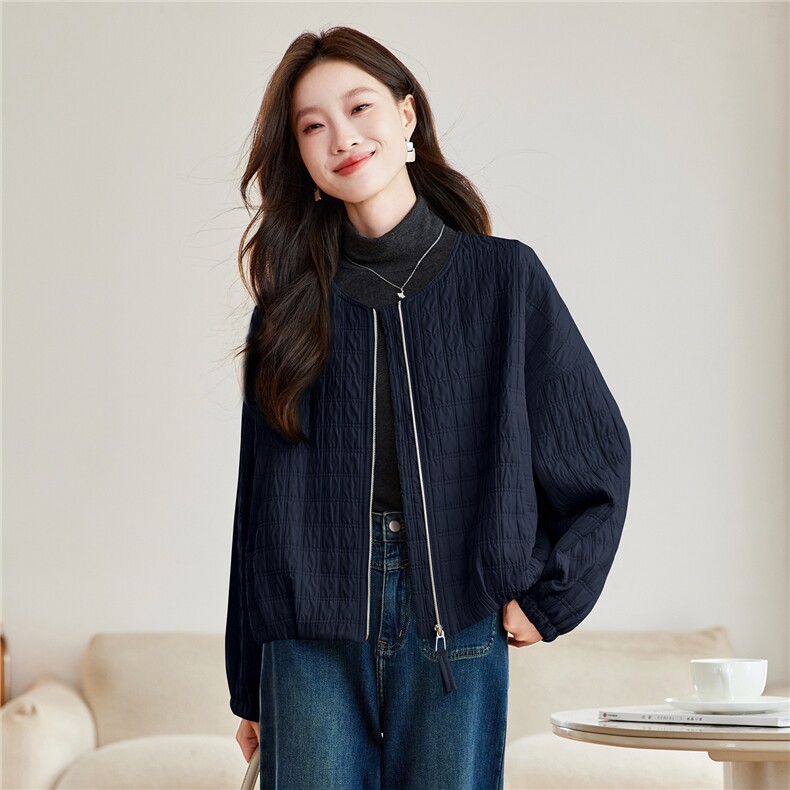2026年春季宽松圆领方格夹棉短外套上衣,女装棉衣/棉服,简韵佳
