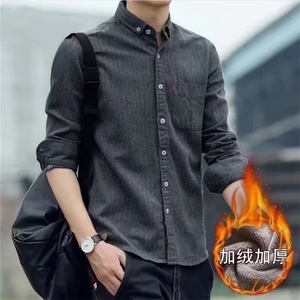 2026新款冬秋衬衫男士长袖加绒加厚衬衣上衣男装磨毛条纹修身春季图片