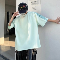 抖音得物品质二开240克宽松纯棉美式潮牌印花三条杠中性风短袖T恤，男装T恤，电商A486-1