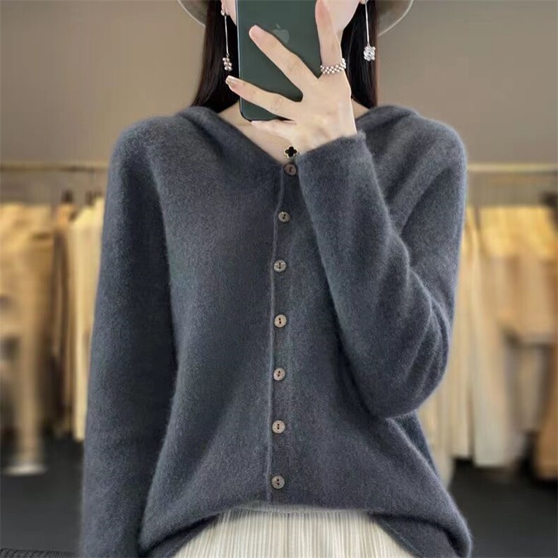 一线成衣100%纯羊毛连帽开衫女秋冬款多扣针织毛衣宽松羊绒衫外套,针织衫/毛衣,恒旺羊绒