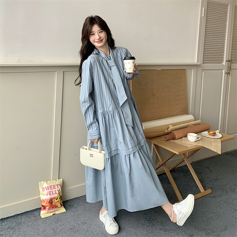 春现盐系浅蓝色条纹休闲风连衣裙B190-5010-P135-K198,女装连衣裙,2B190