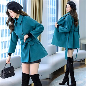 现货2021年冬季双排扣中长款立领九分袖纯色简约时尚减零呢子大衣,女装毛呢外套,丽美静依