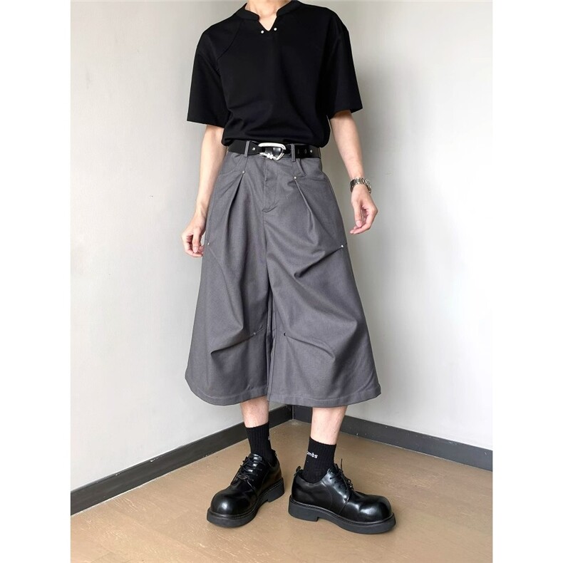 美式铆钉褶皱设计西装短裤男夏季2025新款痞帅七分裤DA033-P42，男装牛仔裤，星座208-5