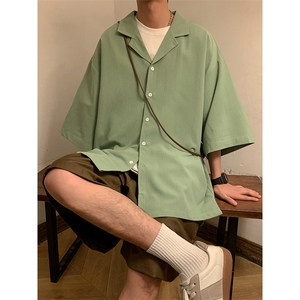 C6026/P35夏款港风弹力短袖衬衣宽松大码开衩衬衫男图片