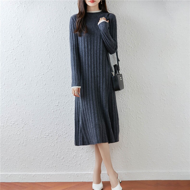 2025年秋季休闲风中长款长袖圆领抽条拼色连衣裙，女装连衣裙，绒汀羊绒