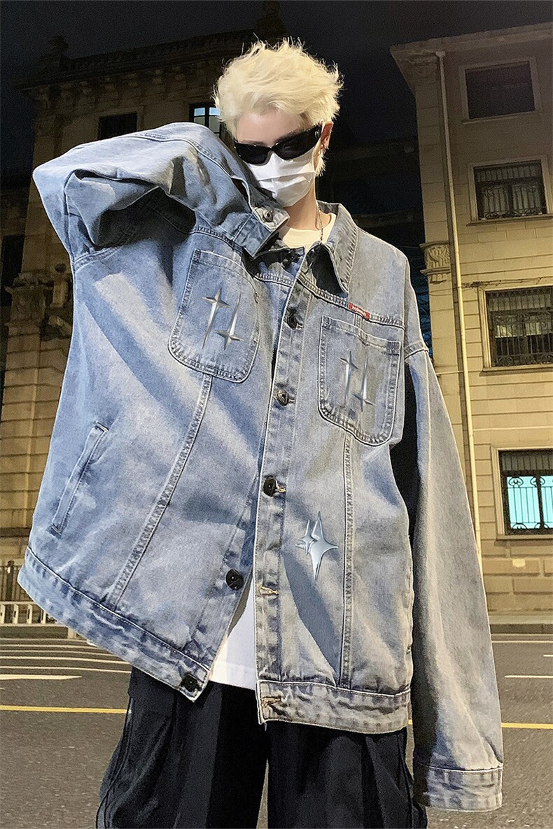 男装牛仔外套2026秋季几何绣标印花男生翻领夹克XZ514-2-N96-P88,男装工装外套,星座514-2(原B239)