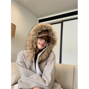 网图 美式复古条纹毛领连帽卫衣外套女秋季休闲宽松开衫上衣特P79图片