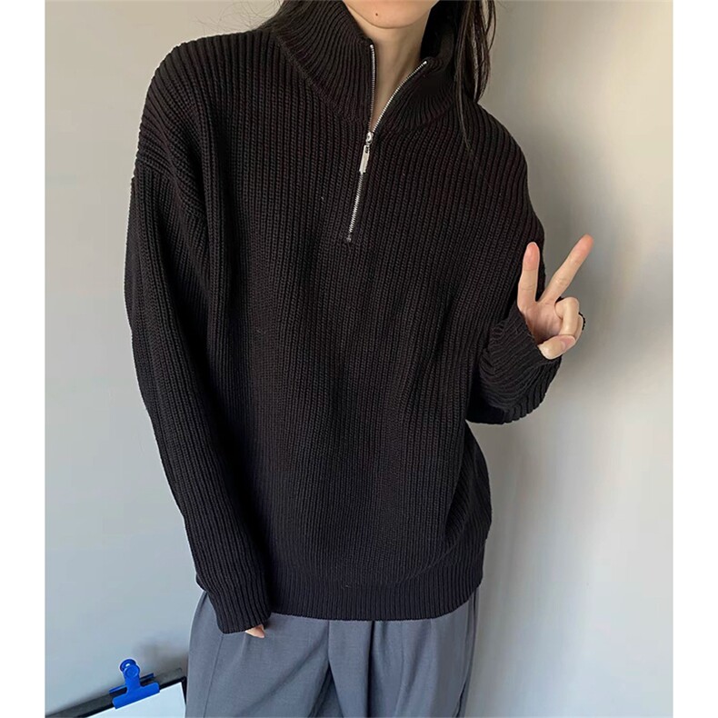 抖音得物 保暖立领拉链针织外套秋冬宽松慵懒风纯色毛衣上衣AM01图片