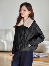 可拆卸毛领加绒加厚皮衣外套女2025秋冬新款小个子显瘦皮夹克上衣，女装棉衣/棉服，依万里