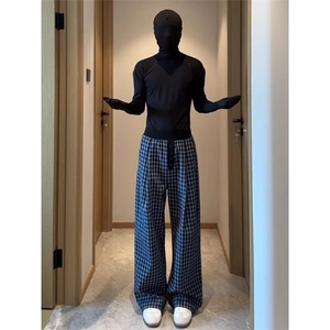 【有货】DA646-批45美式复古慵懒格子裤男女情侣宽松垂感阔腿裤图片