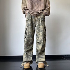 迷彩工装牛仔裤男秋季新款美式vibe高街痞帅宽松直筒阔腿休闲长裤，男装牛仔裤，星座1013