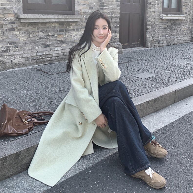 现货绿色双面呢大衣气质宽松2C212-G01-P325-K428,女装毛呢外套,2C212