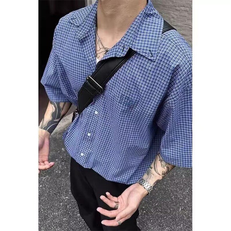 美式复古蓝色格子短袖衬衫男女宽松休闲高级感百搭衬衣CXS43,男装衬衫,星座1116A（原606A-3）