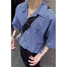 美式复古蓝色格子短袖衬衫男女宽松休闲高级感百搭衬衣CXS43，男装衬衫，星座1116A（原606A-3）