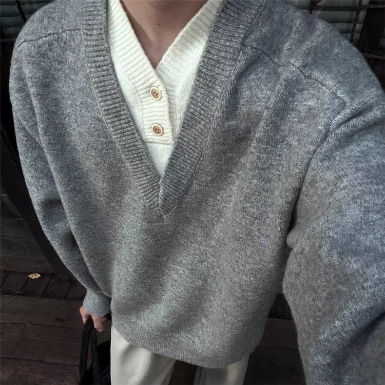 2026日系复古拼接假两件针织毛衣衫男女潮休闲V领上衣V30-P59网图，男装针织衫/毛衣，电商B245