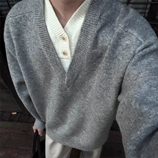 2026日系复古拼接假两件针织毛衣衫男女潮休闲V领上衣V30-P59网图，男装针织衫/毛衣，电商B245