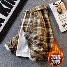 加绒格子衬衫男秋冬休闲男款春秋季日系翻领男生1696P67，男装衬衫，星座410-2