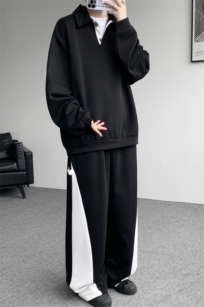 5XL-M潮流高级感披肩撞色拼接翻领百搭卫衣宽松弯刀长裤TZ113P118,男装休闲套装,电商D206-1