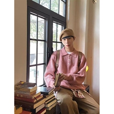 现货MY57-P80粉色宽松百搭口袋polo领长袖毛衣针织衫男女，男装针织衫/毛衣，星座1501-3
