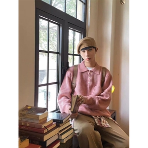现货 MY57-P80 粉色宽松百搭口袋polo领长袖毛衣针织衫男女图片