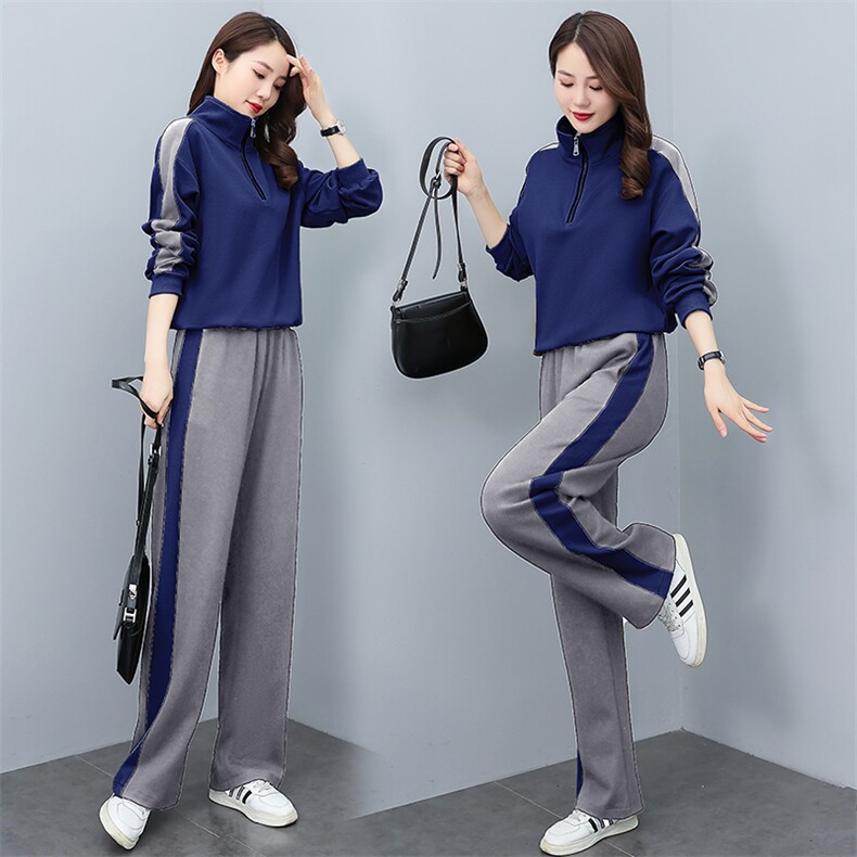 拼色长袖卫衣套装女2025春秋新款洋气减龄休闲运动服阔腿裤两件套图片