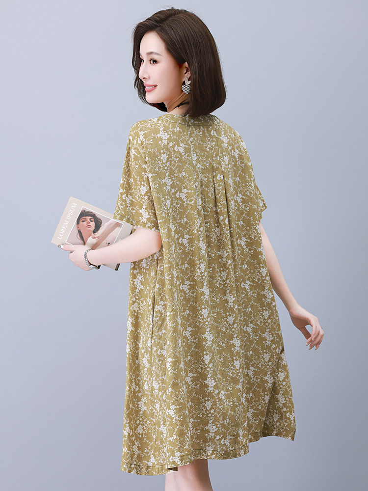 棉麻连衣裙2025夏季新款中年妈妈碎花洋气时尚遮肚子宽松显瘦a裙,女装连衣裙,悦见她