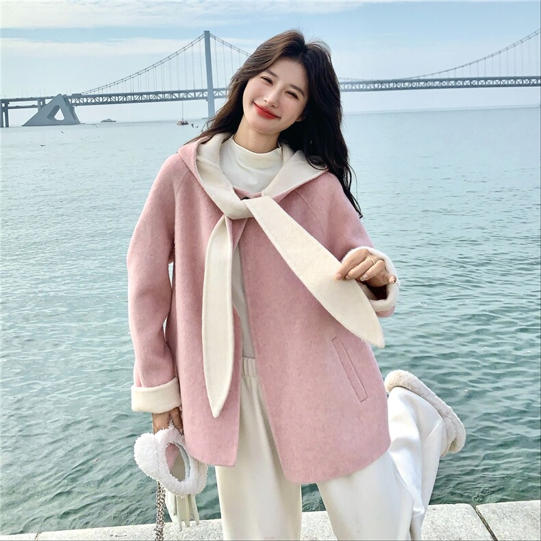 粉色多巴胺双面呢连帽羊毛外套女秋冬2025新款温柔甜美风短款大衣,女装羊绒大衣,2C028