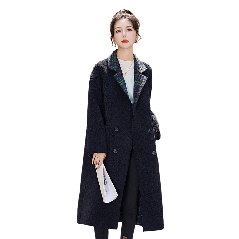 格纹两面穿毛呢外套女中长款2025秋冬装新款韩版宽松加厚呢子大衣,女装双面呢大衣,采品优优