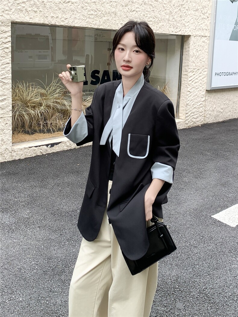 通勤拼接假两件短款西服上衣女春秋超火好看高级小众职业西装外套,女装西装,韩蜜菓