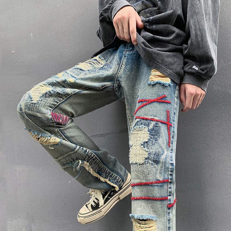 欧美高街vibe裤子红线刺绣破洞牛仔裤男美式hiphop做旧直筒乞丐裤图片
