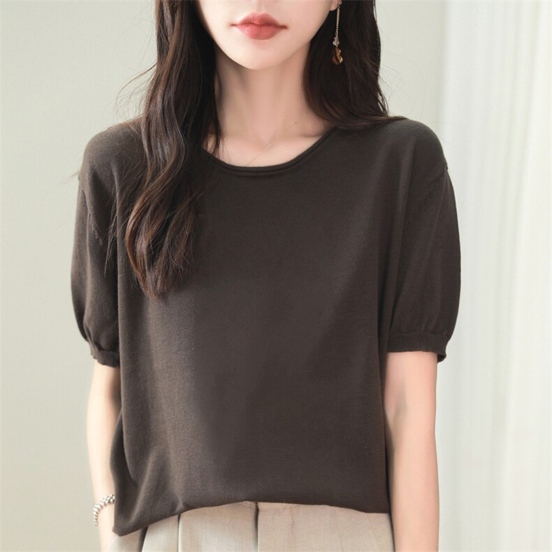 夏季薄款卷边圆领针织短袖t恤女休闲宽松百搭，女装针织衫/毛衣，品高羊绒