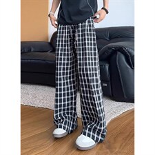 美式高街潮牌男女泡泡格子休闲裤直筒宽松慵懒显瘦阔腿休闲长裤子，男装休闲裤，电商A443