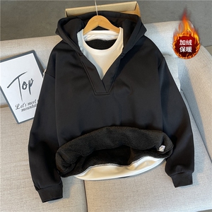 经典拼色假两件连帽加绒卫衣，A061-AW01750JR-特P55-平铺图图片