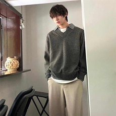 深灰色假两件针织衫男秋冬老钱风穿搭毛衣慵懒高级感V领长袖上衣，男装针织衫/毛衣，星座1210-1