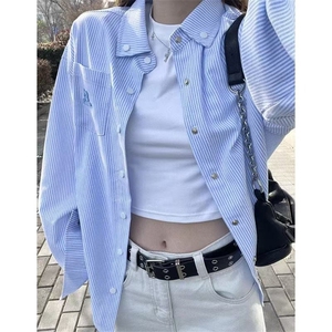 学院粉色衬衫夏季刺绣条纹开衫polo衬衣防晒外套美式穿搭宽松上衣图片