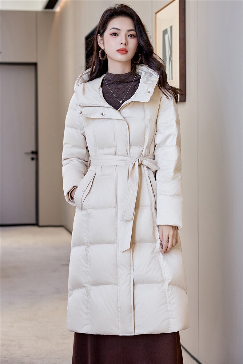 90鸭绒连帽羽绒服女2025冬季新款系带收腰加长款过膝棉袄外套,女装羽绒服,阿舍尔精品