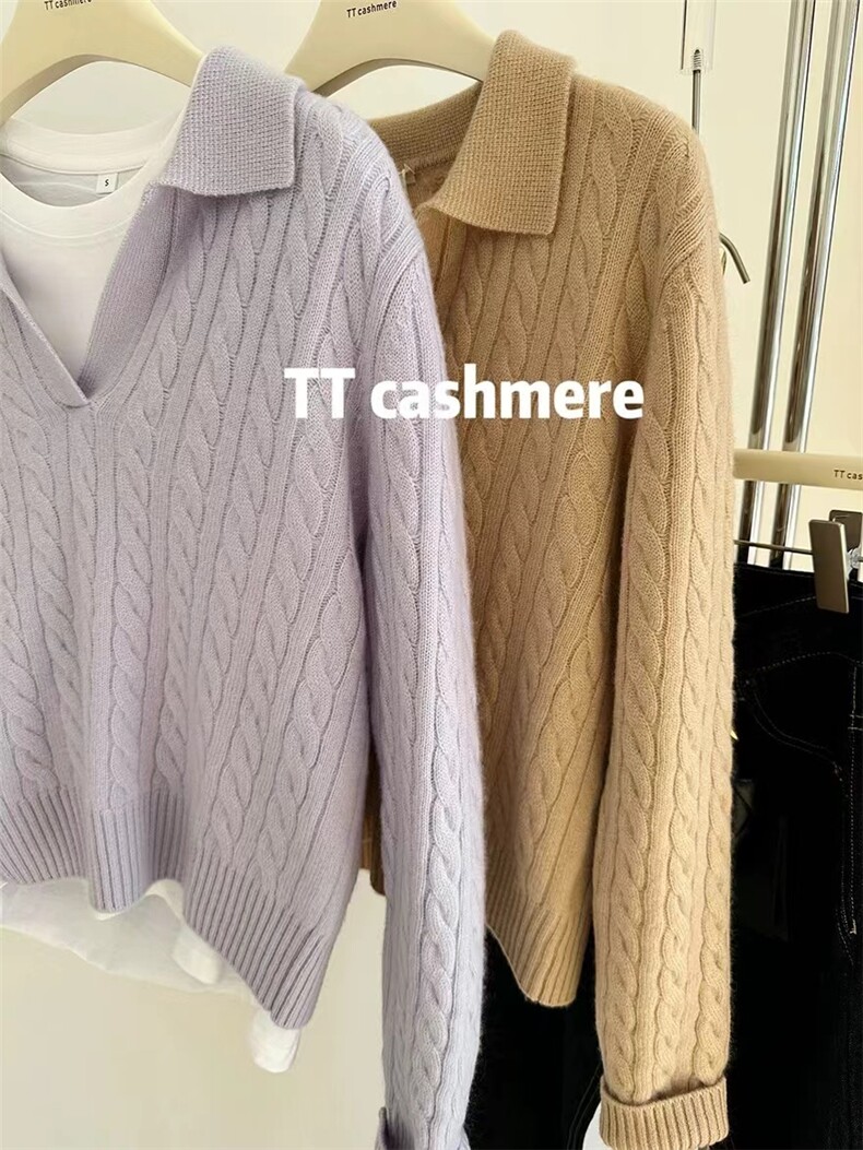 新品纯色女翻领polo衫长袖短款麻花针织衫,针织衫/毛衣,半城羊绒