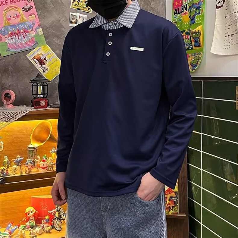 美式假两件条纹拼接polo衫男春秋季潮流设计感翻领长袖t恤 TW33图片