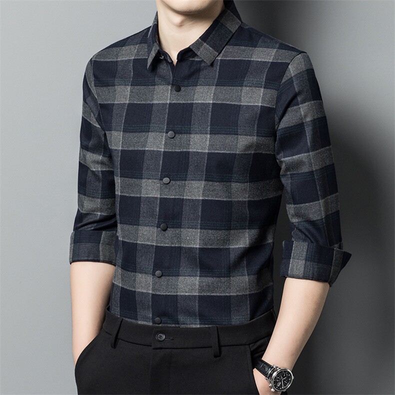 2024秋冬季新款长袖衬衫男中年商务休闲男士格子衬衣保暖爸爸装，男装衬衫，电商B212（原钱塘6029）