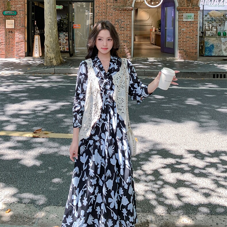 法式镂空蕾丝马甲套装裙女2025秋季新款气质超好看印花长裙两件套,女装连衣裙,2C123