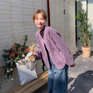 奶乎乎紫色皮毛一体羊羔毛外套女秋冬2025新款设计感短款小众流行图片
